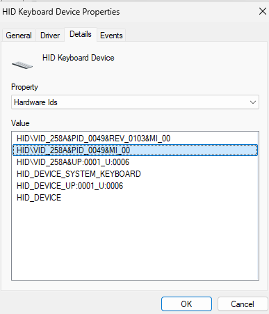 hid device properties showing vid and pid